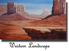 A painting of the desert with mountains in the background.