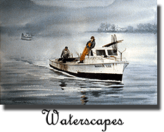 A painting of two men in a boat on the water.